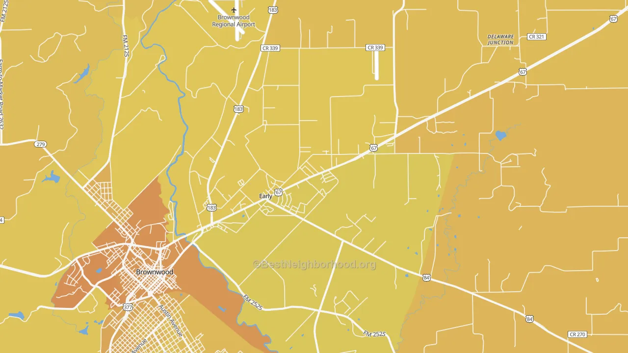 Map of the best neighborhoods in the 76802 area, with better matches in green and worse matches in red