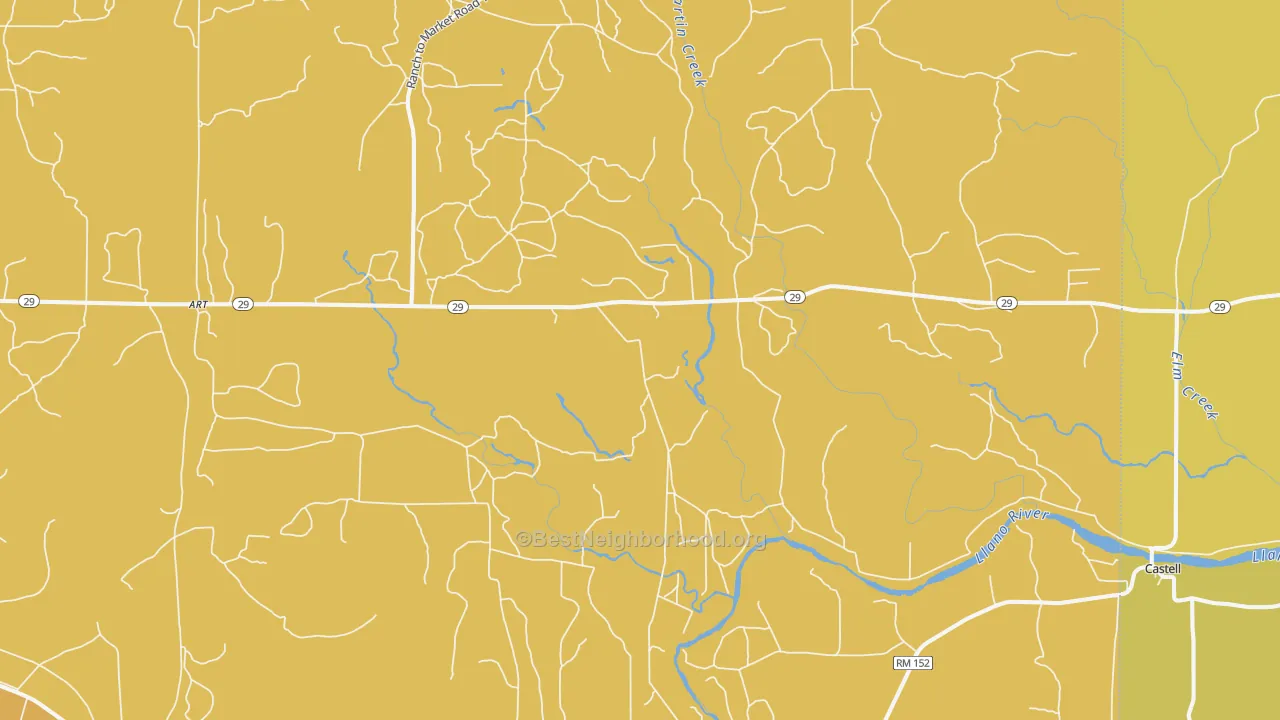 Map of the best neighborhoods in the 76820 area, with better matches in green and worse matches in red