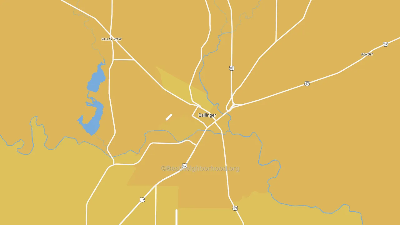 Map of the best neighborhoods in the 76821 area, with better matches in green and worse matches in red