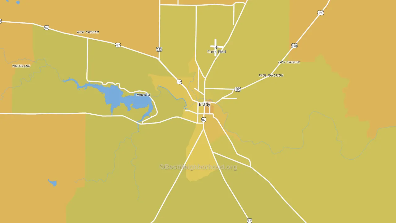 Map of the best neighborhoods in the 76825 area, with better matches in green and worse matches in red