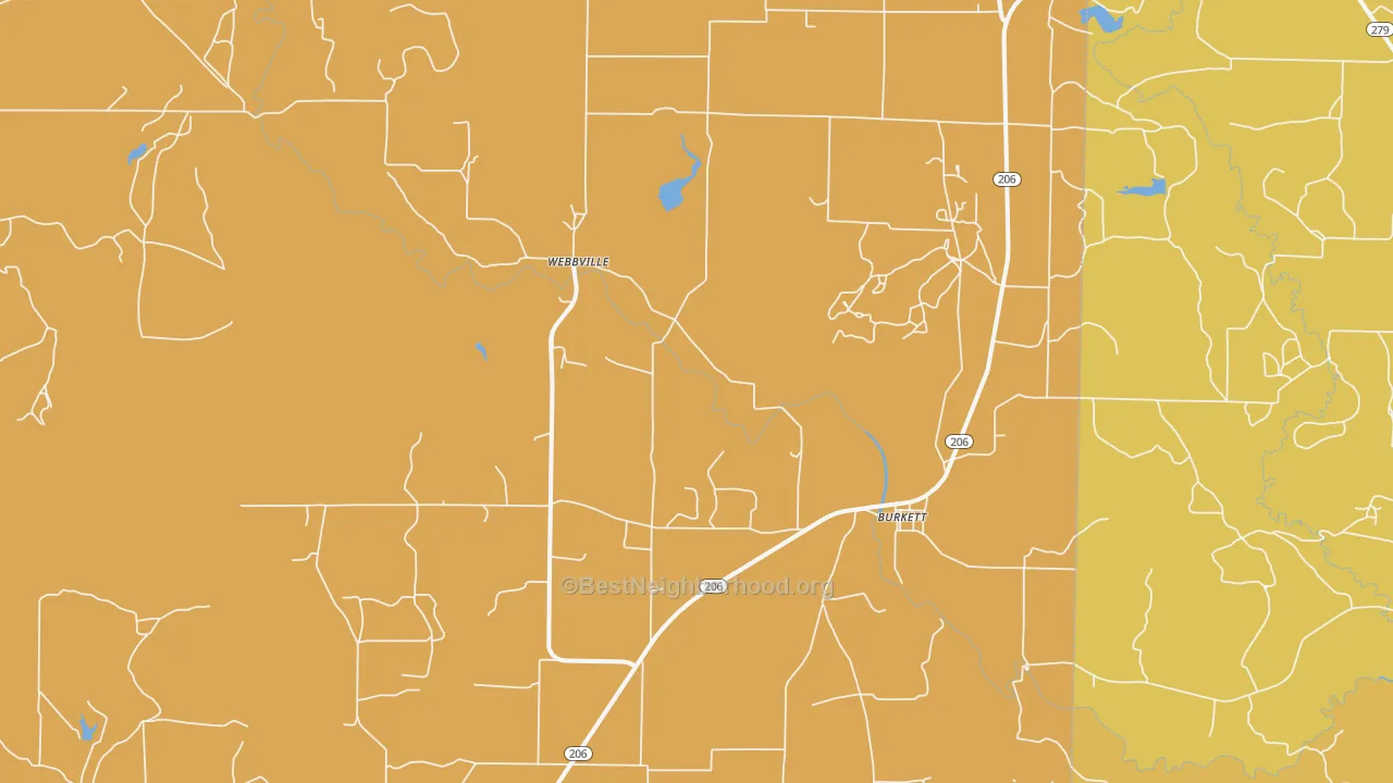 Map of the best neighborhoods in the 76828 area, with better matches in green and worse matches in red