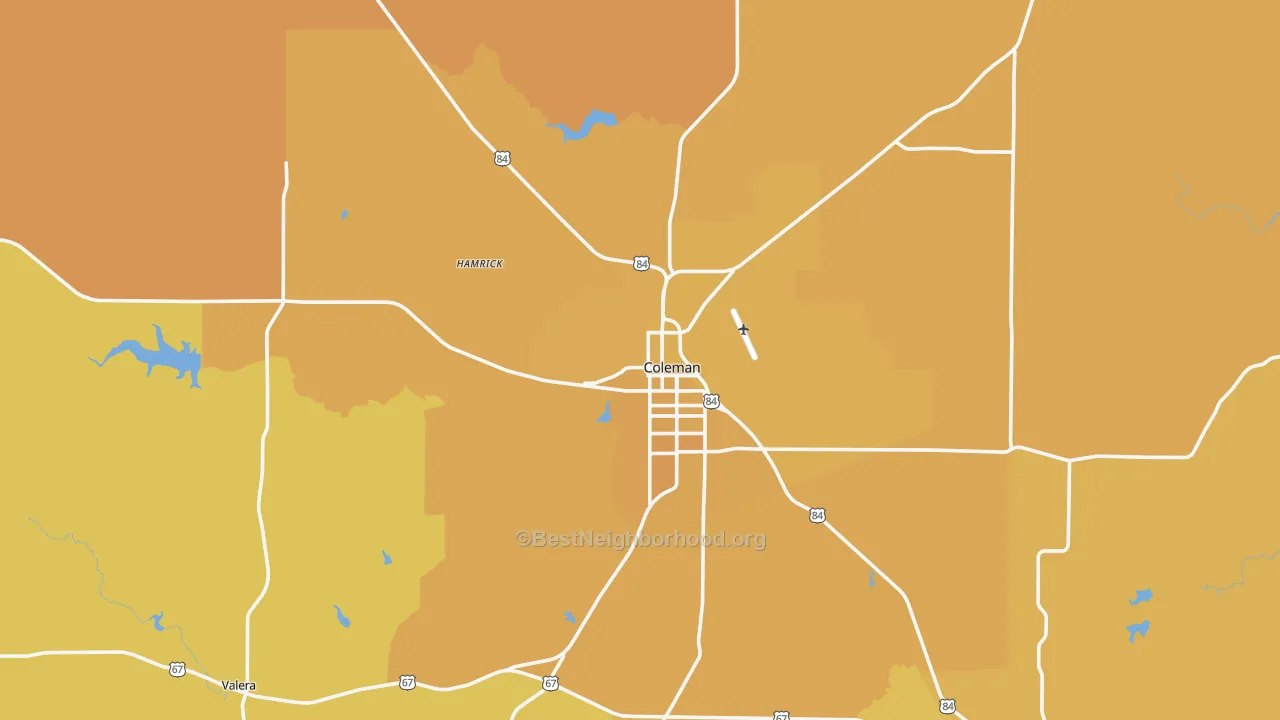 Map of the best neighborhoods in the 76834 area, with better matches in green and worse matches in red