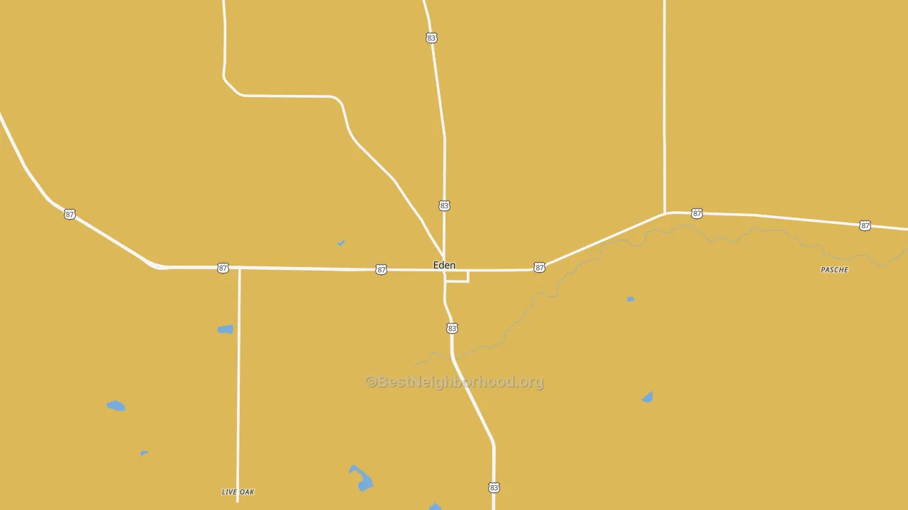 Map of the best neighborhoods in the 76837 area, with better matches in green and worse matches in red
