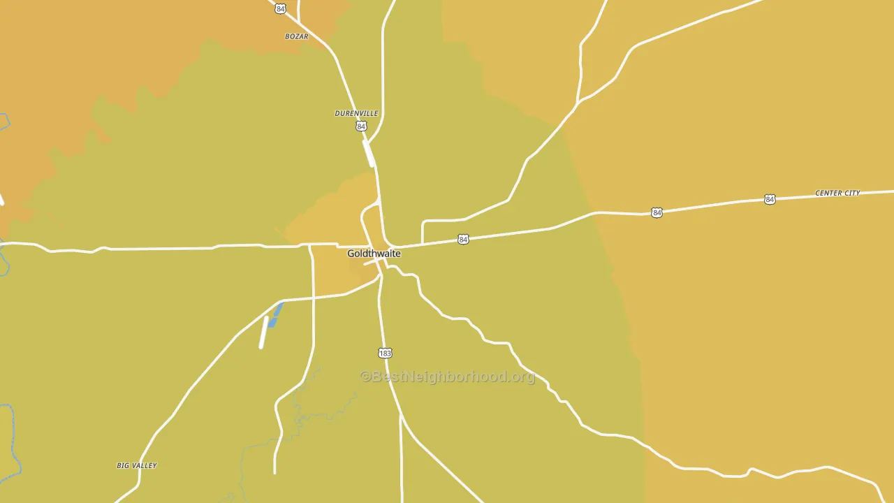 Map of the best neighborhoods in the 76844 area, with better matches in green and worse matches in red