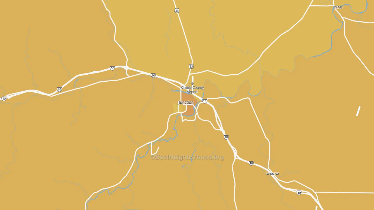 Map of the best neighborhoods in the 76849 area, with better matches in green and worse matches in red