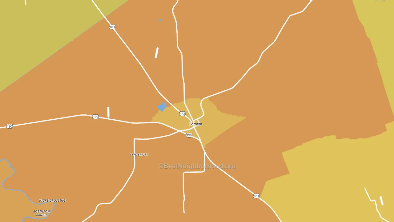 Map of the best neighborhoods in the 76853 area, with better matches in green and worse matches in red