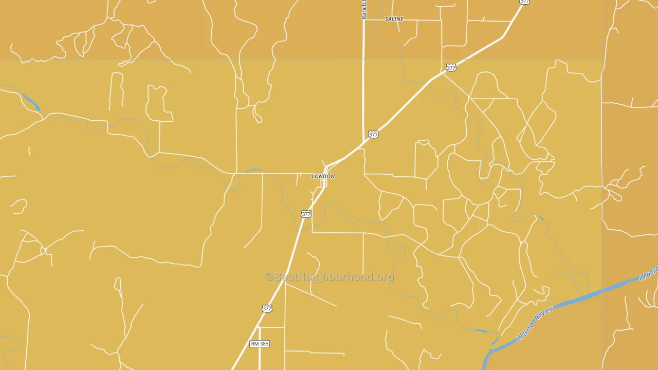 Map of the best neighborhoods in the 76854 area, with better matches in green and worse matches in red