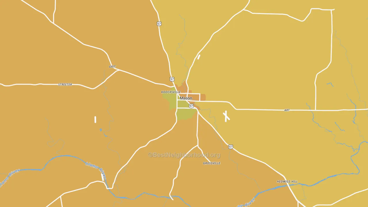 Map of the best neighborhoods in the 76856 area, with better matches in green and worse matches in red