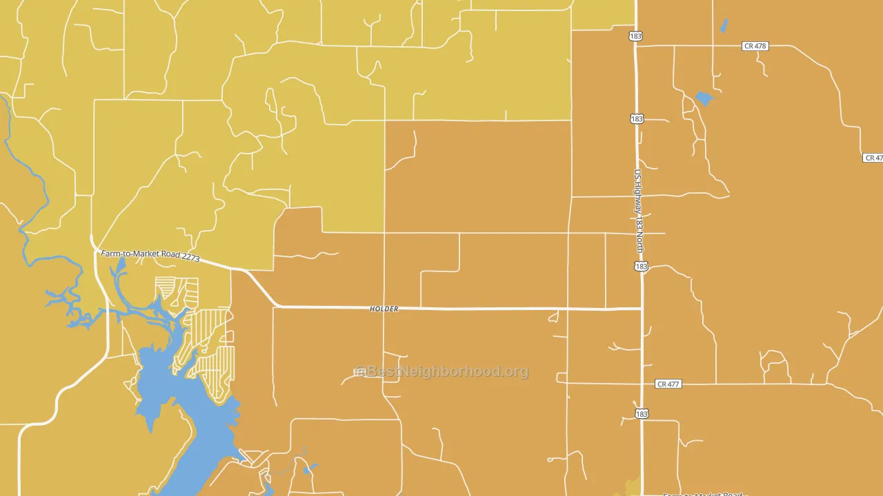 Map of the best neighborhoods in the 76857 area, with better matches in green and worse matches in red