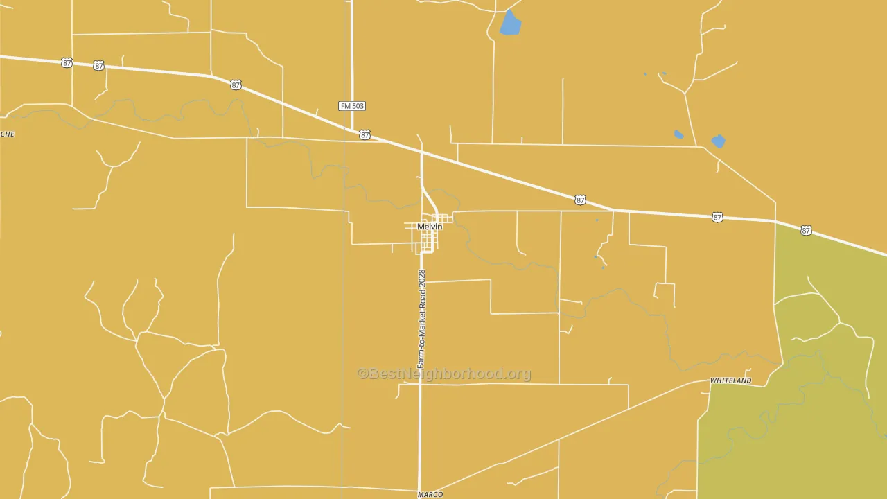 Map of the best neighborhoods in the 76858 area, with better matches in green and worse matches in red