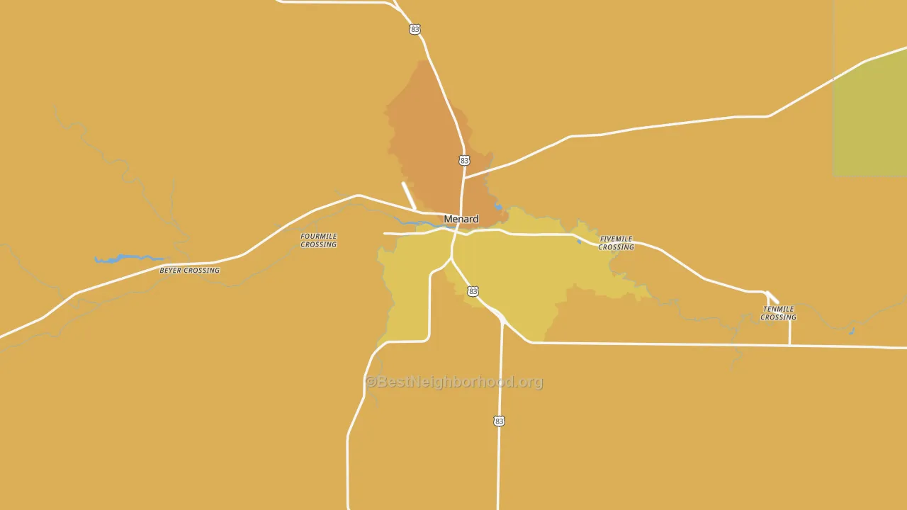 Map of the best neighborhoods in the 76859 area, with better matches in green and worse matches in red