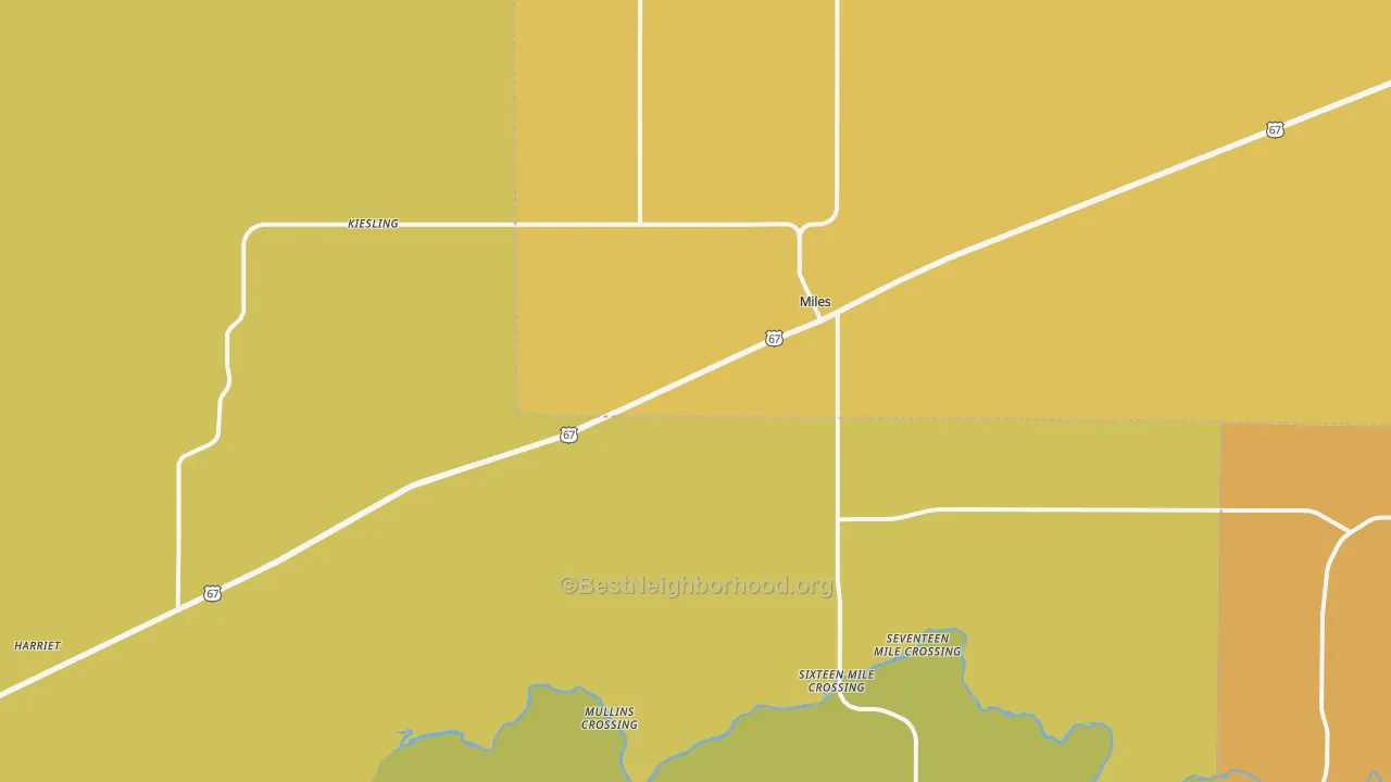Map of the best neighborhoods in the 76861 area, with better matches in green and worse matches in red