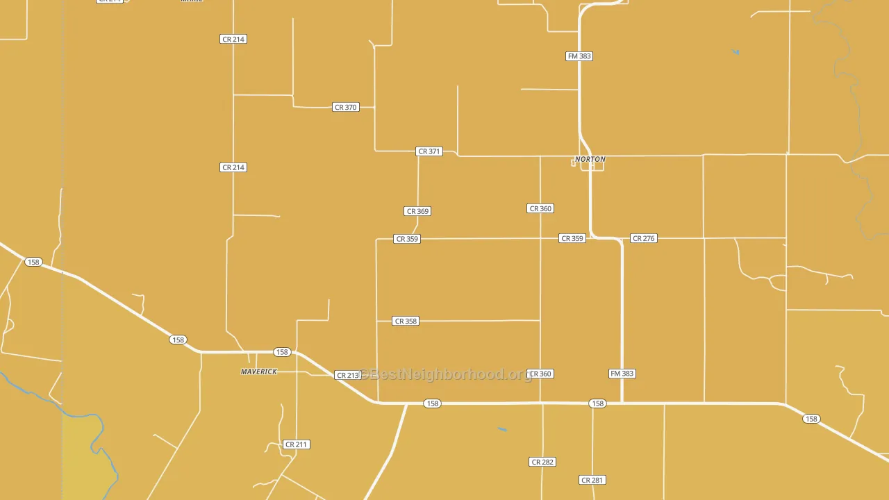 Map of the best neighborhoods in the 76865 area, with better matches in green and worse matches in red