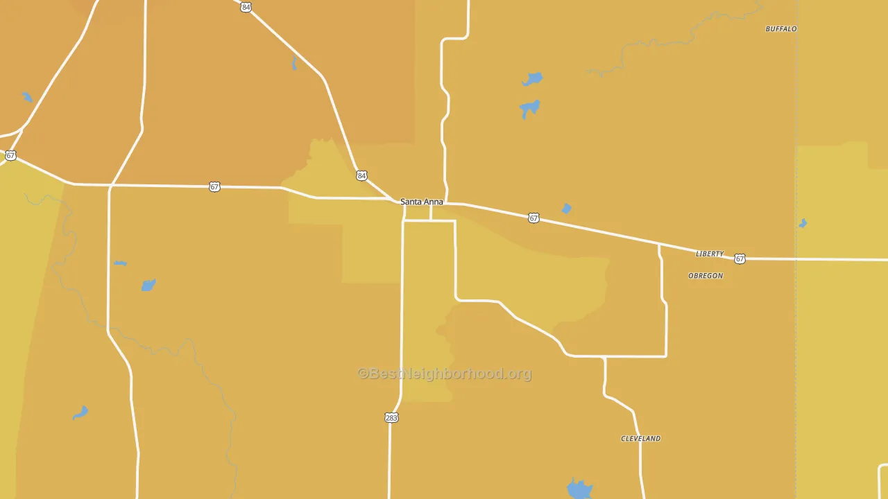 Map of the best neighborhoods in the 76878 area, with better matches in green and worse matches in red