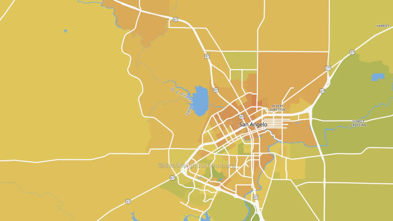 Map of the best neighborhoods in the 76901 area, with better matches in green and worse matches in red