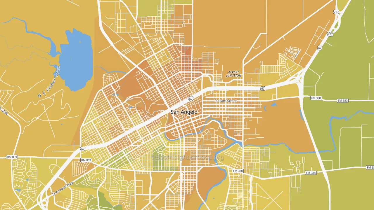 Map of the best neighborhoods in the 76903 area, with better matches in green and worse matches in red