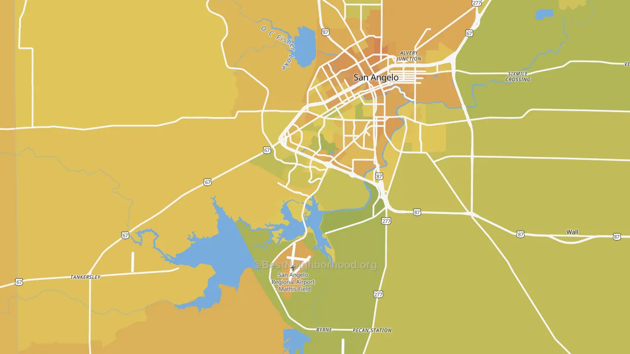 Map of the best neighborhoods in the 76904 area, with better matches in green and worse matches in red