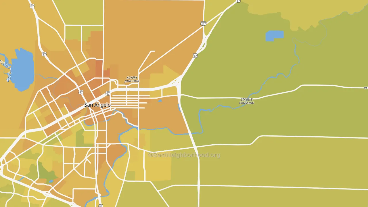 Map of the best neighborhoods in the 76905 area, with better matches in green and worse matches in red