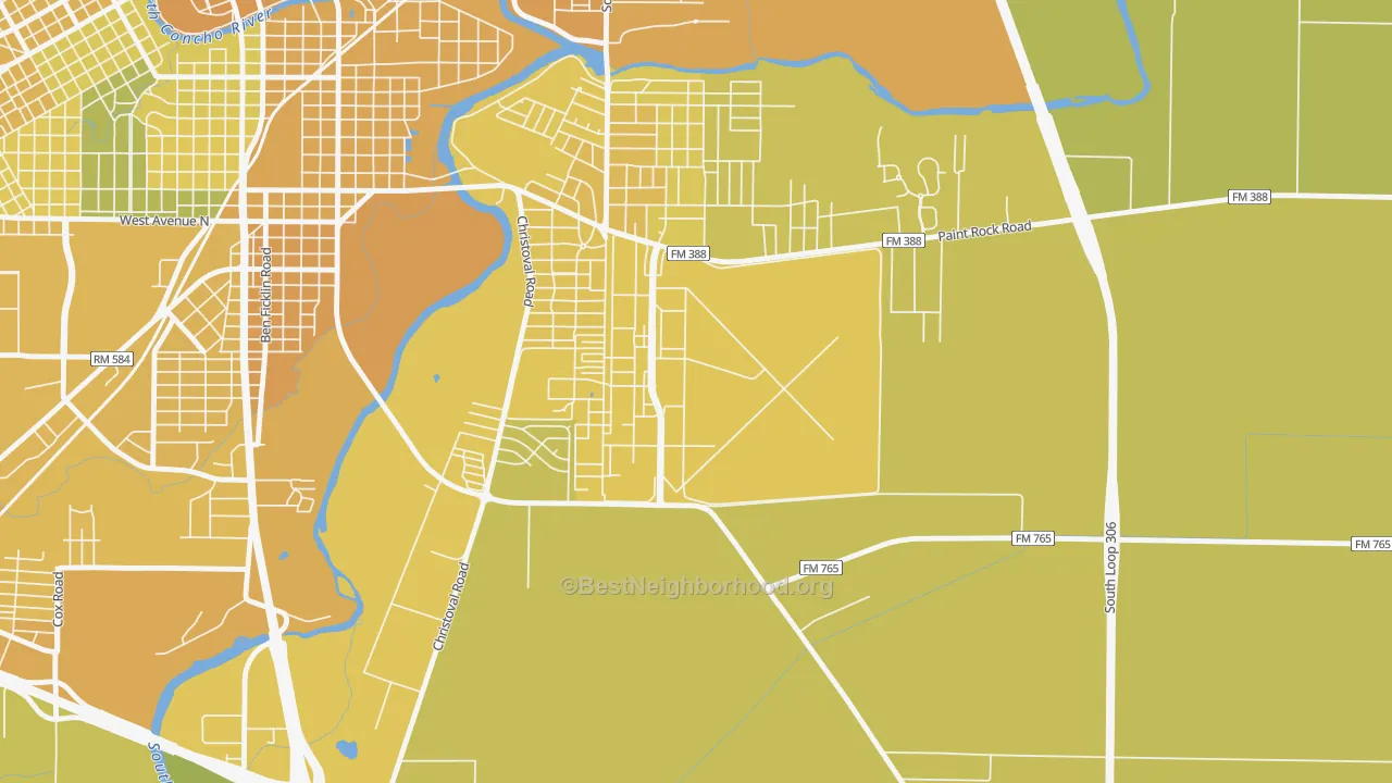 Map of the best neighborhoods in the 76908 area, with better matches in green and worse matches in red
