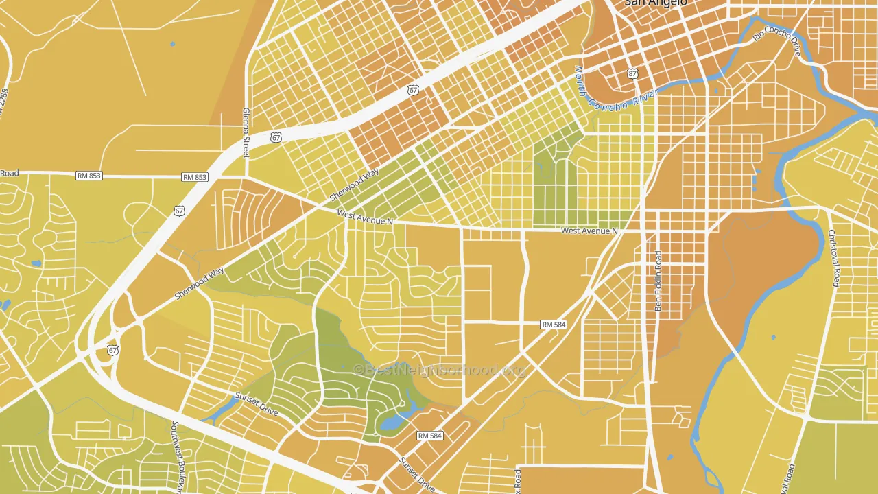 Map of the best neighborhoods in the 76909 area, with better matches in green and worse matches in red