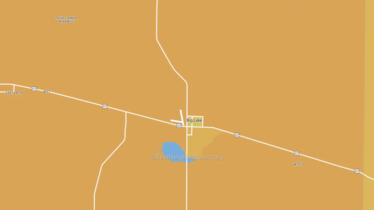 Map of the best neighborhoods in the 76932 area, with better matches in green and worse matches in red