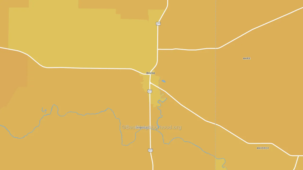 Map of the best neighborhoods in the 76933 area, with better matches in green and worse matches in red