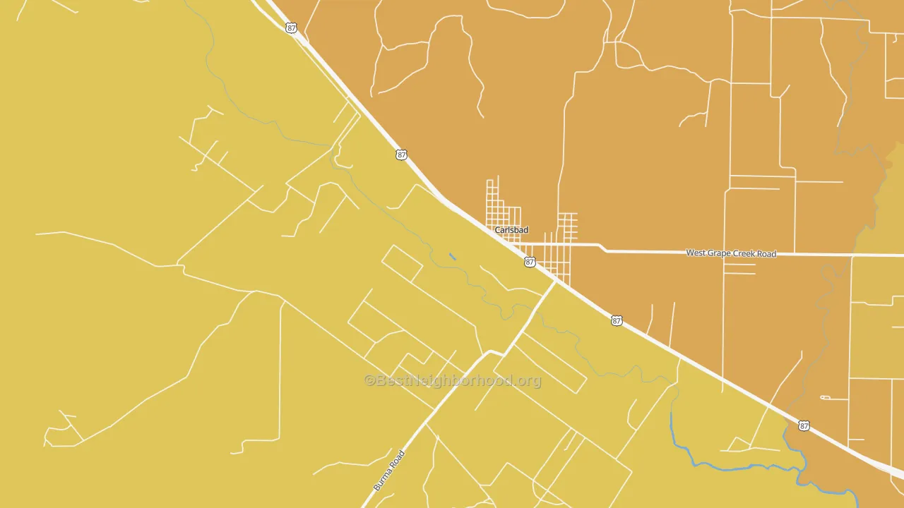 Map of the best neighborhoods in the 76934 area, with better matches in green and worse matches in red