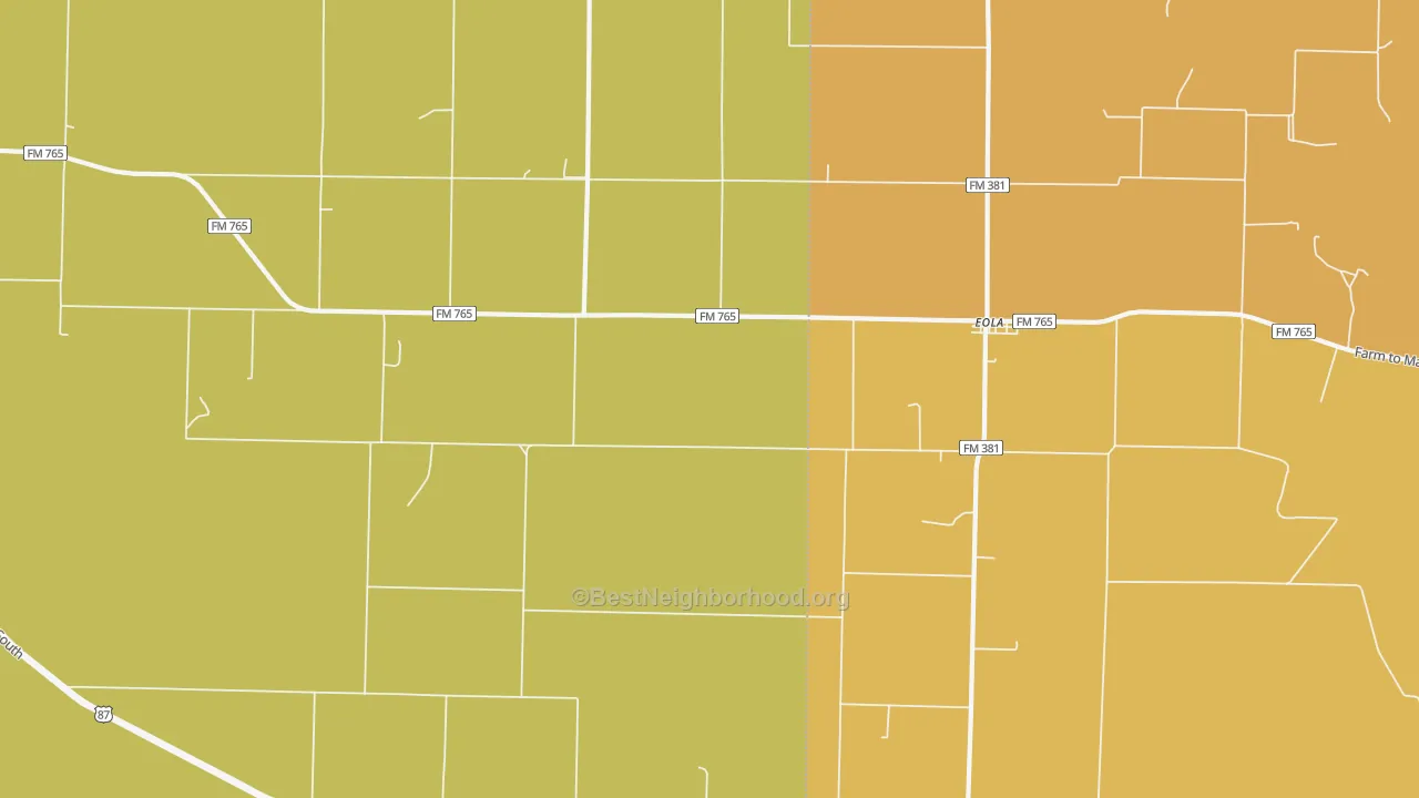 Map of the best neighborhoods in the 76937 area, with better matches in green and worse matches in red