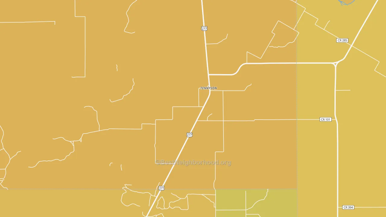 Map of the best neighborhoods in the 76953 area, with better matches in green and worse matches in red