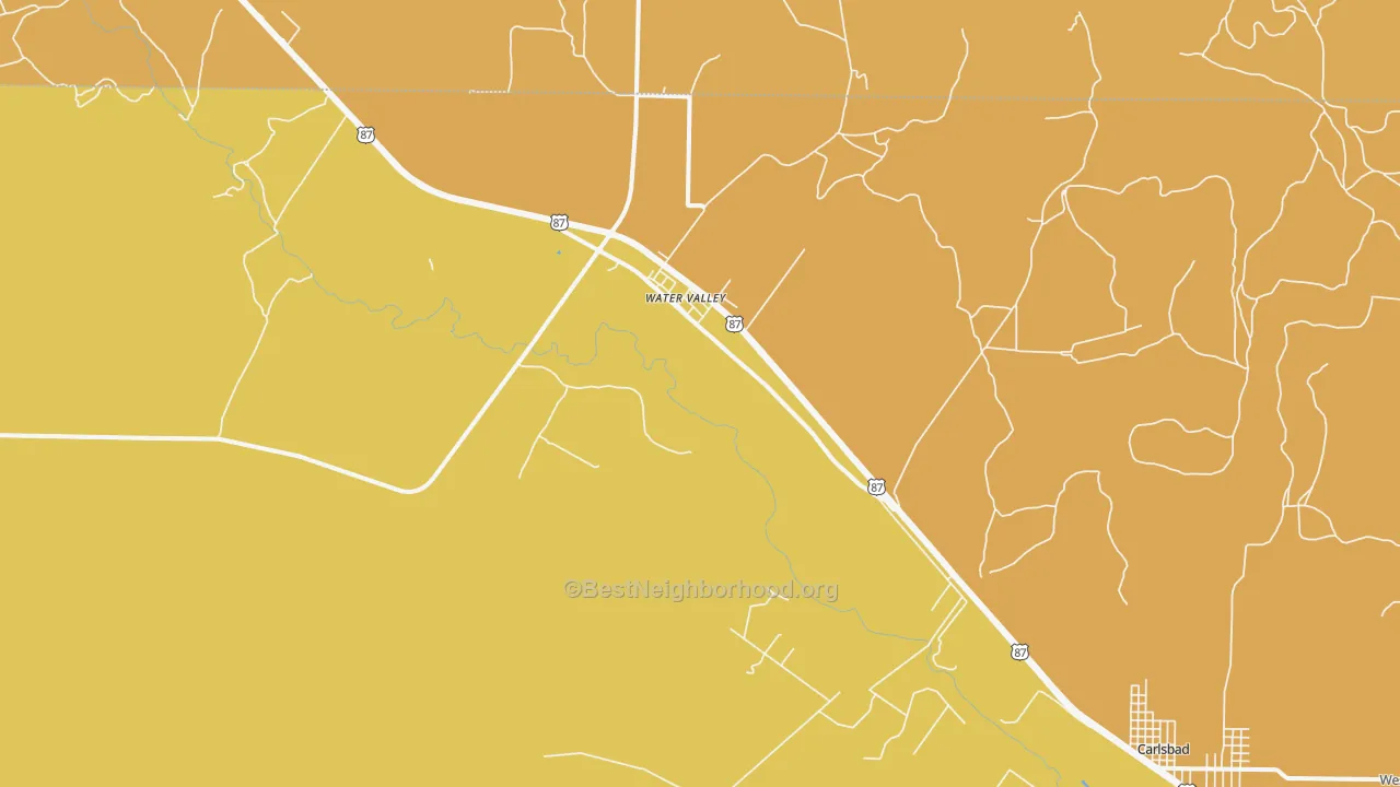 Map of the best neighborhoods in the 76958 area, with better matches in green and worse matches in red
