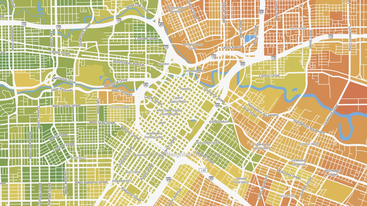 Map of the best neighborhoods in the 77002 area, with better matches in green and worse matches in red