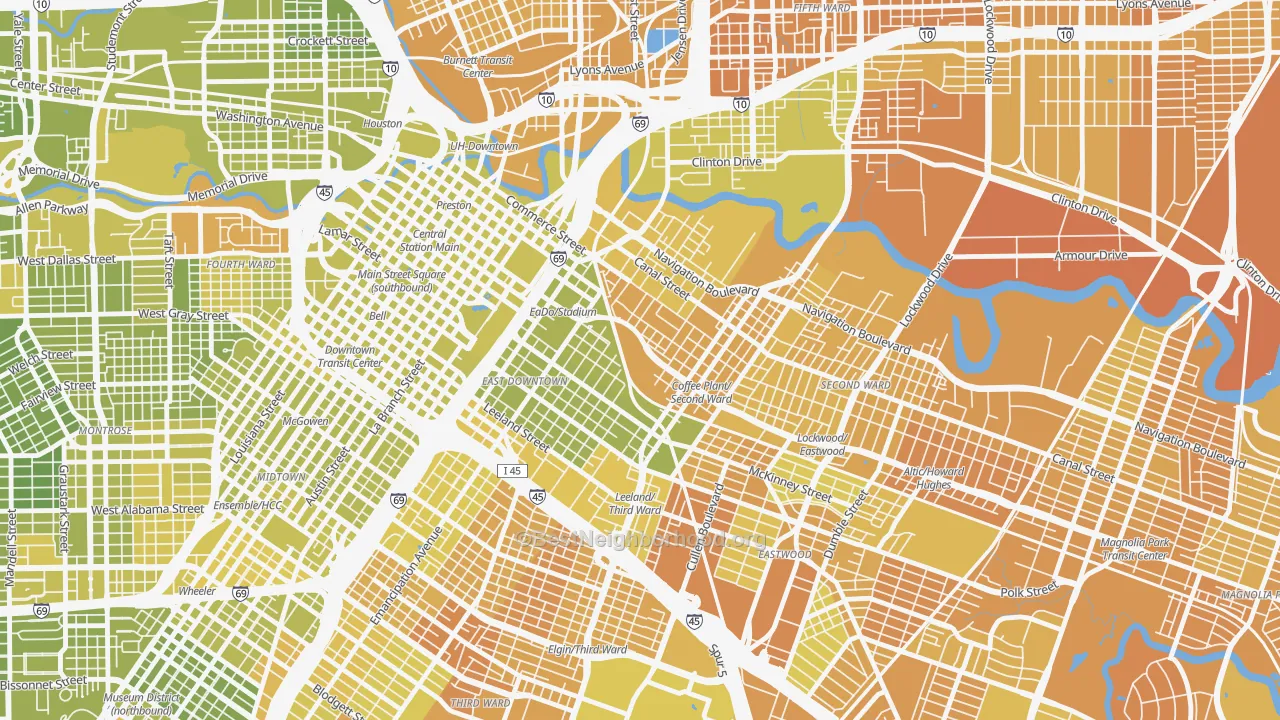 Map of the best neighborhoods in the 77003 area, with better matches in green and worse matches in red