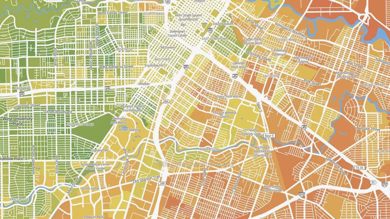 Map of the best neighborhoods in the 77004 area, with better matches in green and worse matches in red