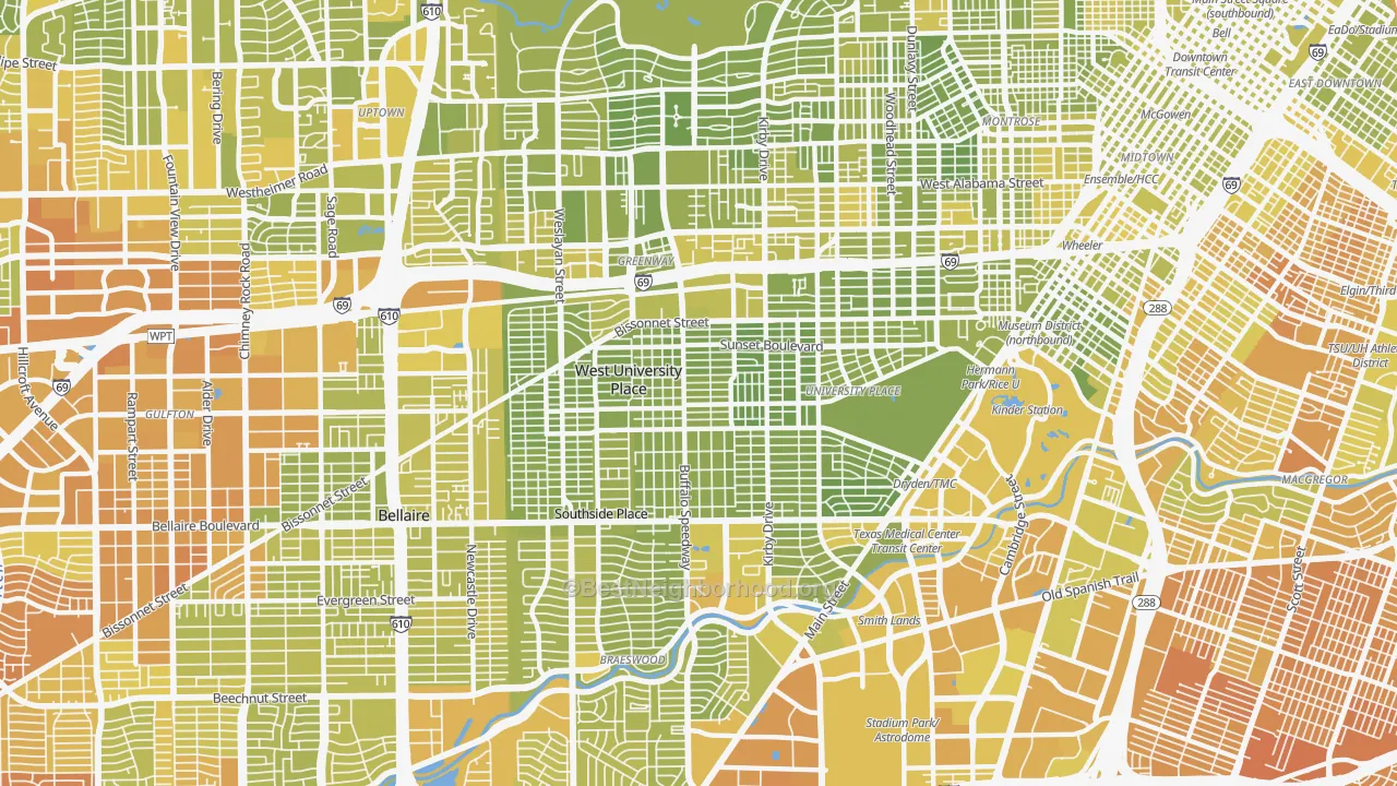 Map of the best neighborhoods in the 77005 area, with better matches in green and worse matches in red