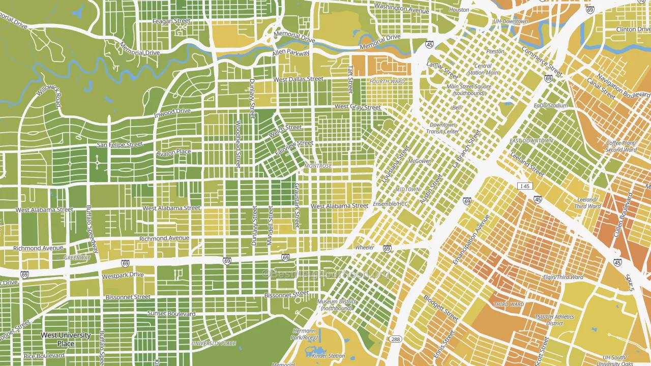 Map of the best neighborhoods in the 77006 area, with better matches in green and worse matches in red