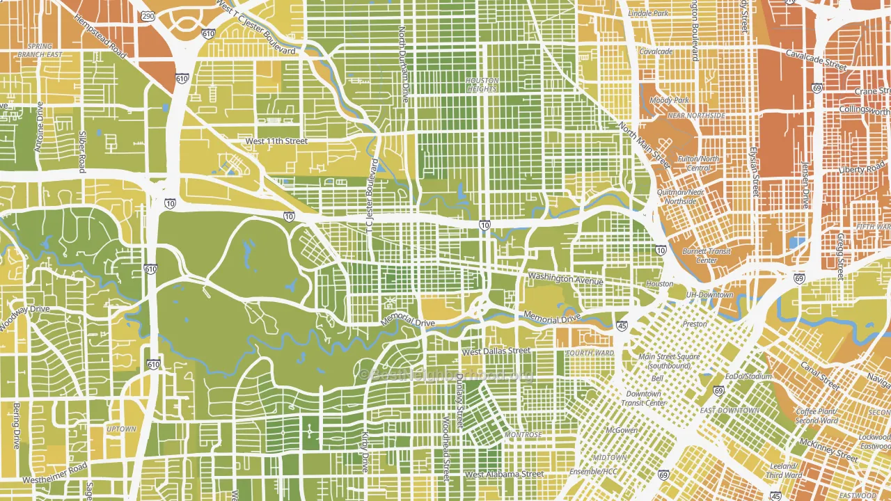 Map of the best neighborhoods in the 77007 area, with better matches in green and worse matches in red