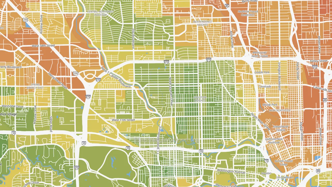 Map of the best neighborhoods in the 77008 area, with better matches in green and worse matches in red