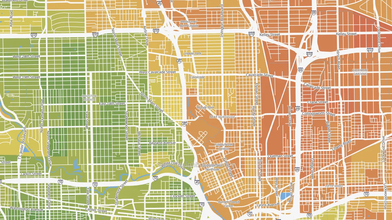 Map of the best neighborhoods in the 77009 area, with better matches in green and worse matches in red