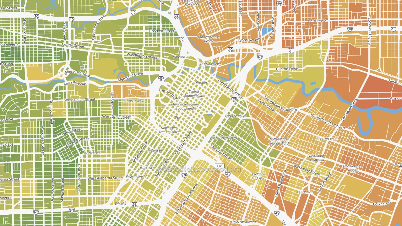 Map of the best neighborhoods in the 77010 area, with better matches in green and worse matches in red