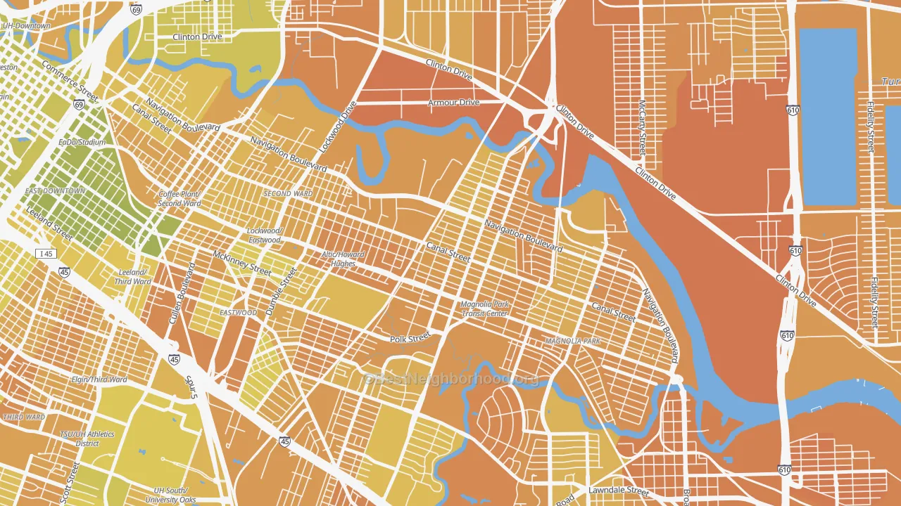 Map of the best neighborhoods in the 77011 area, with better matches in green and worse matches in red