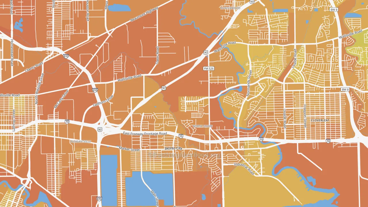 Map of the best neighborhoods in the 77013 area, with better matches in green and worse matches in red