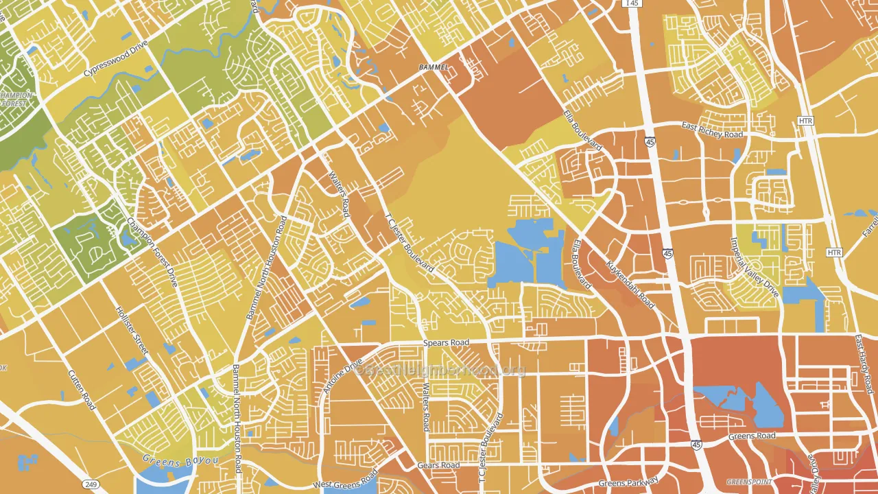 Map of the best neighborhoods in the 77014 area, with better matches in green and worse matches in red