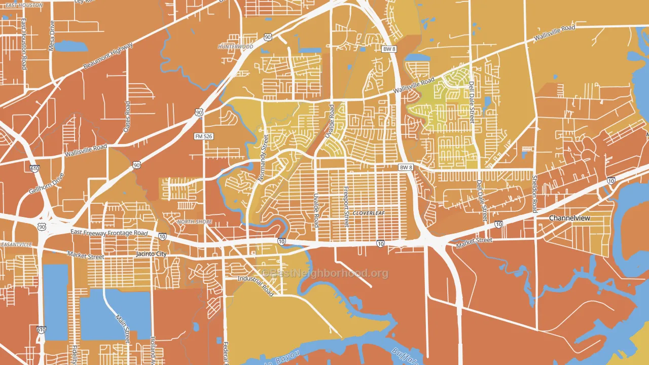 Map of the best neighborhoods in the 77015 area, with better matches in green and worse matches in red