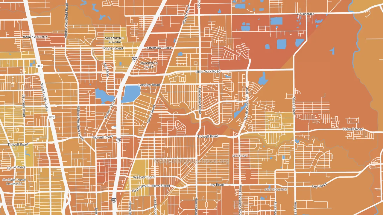 Map of the best neighborhoods in the 77016 area, with better matches in green and worse matches in red