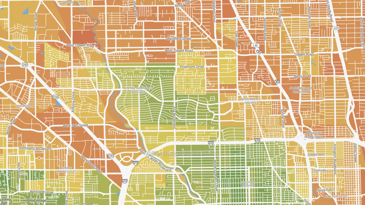 Map of the best neighborhoods in the 77018 area, with better matches in green and worse matches in red