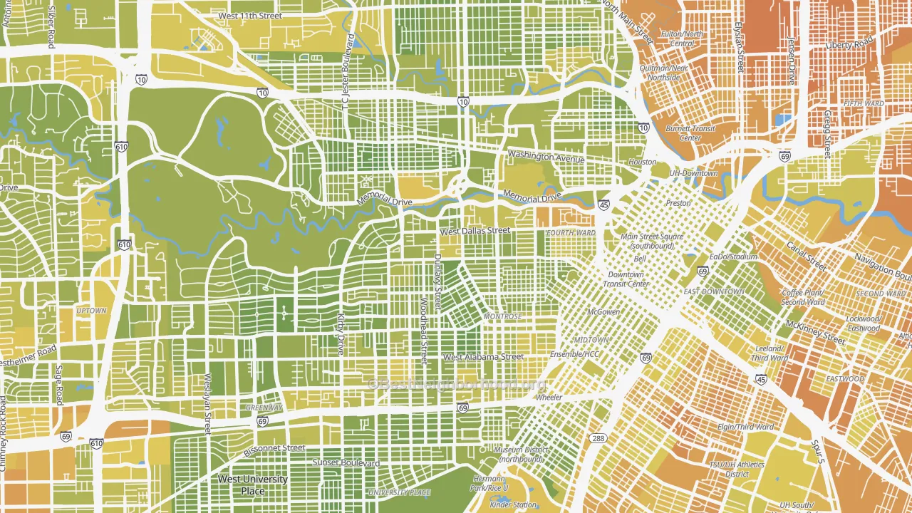 Map of the best neighborhoods in the 77019 area, with better matches in green and worse matches in red