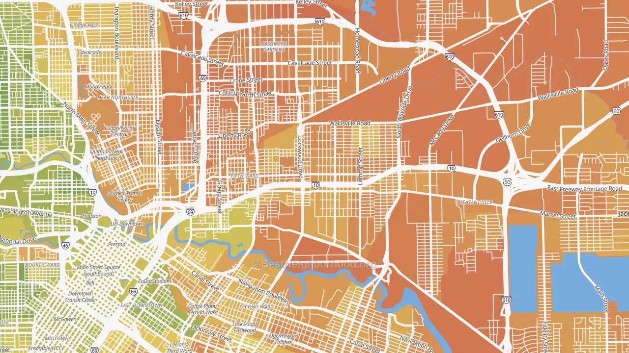 Map of the best neighborhoods in the 77020 area, with better matches in green and worse matches in red