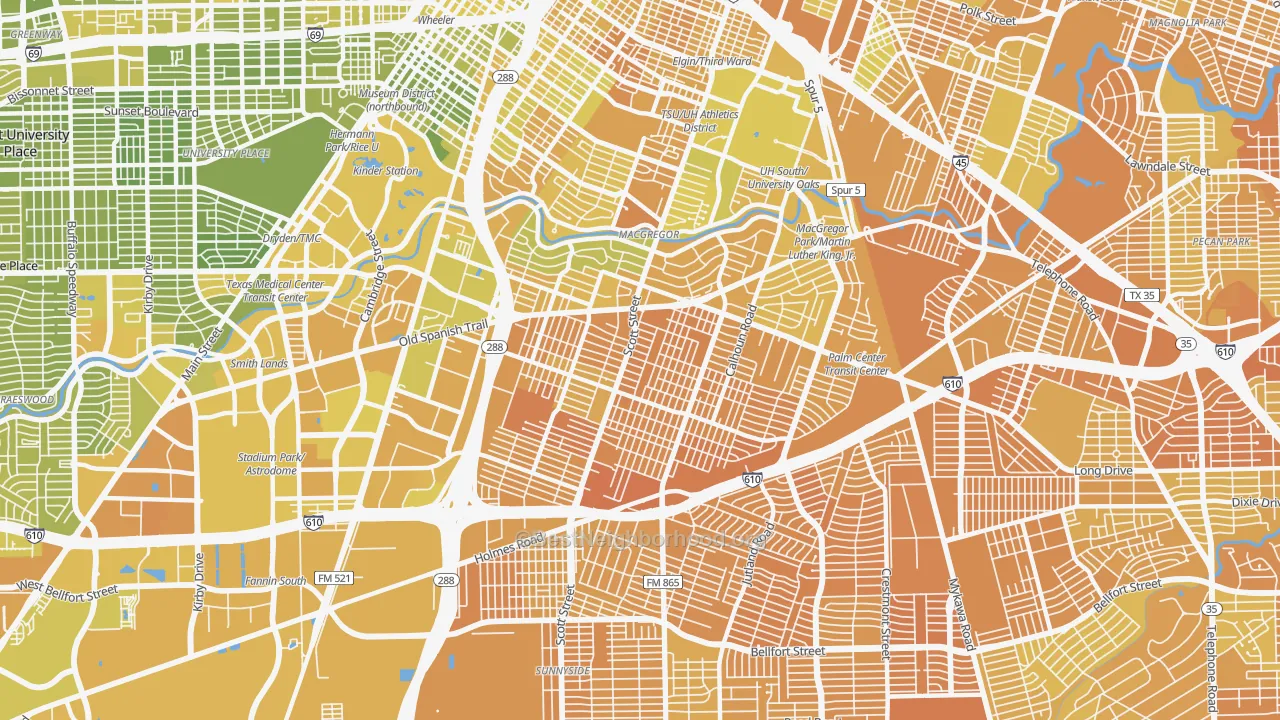Map of the best neighborhoods in the 77021 area, with better matches in green and worse matches in red