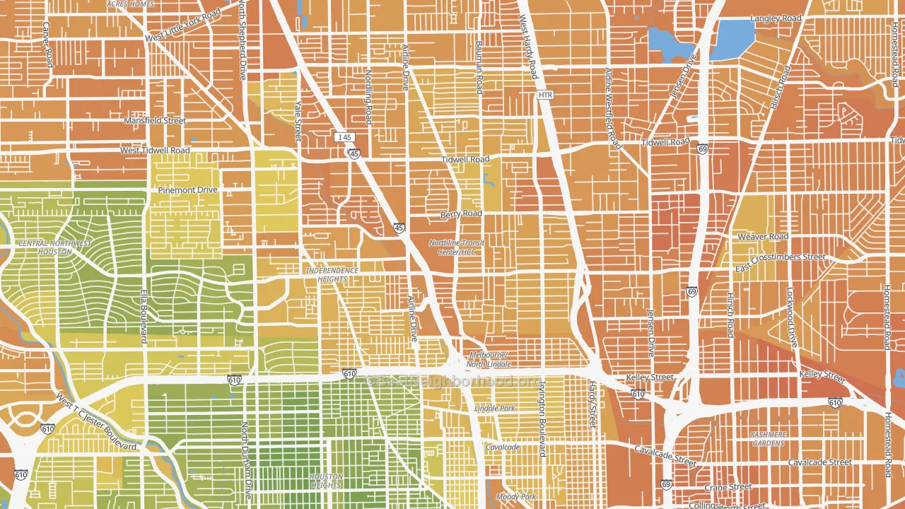 Map of the best neighborhoods in the 77022 area, with better matches in green and worse matches in red