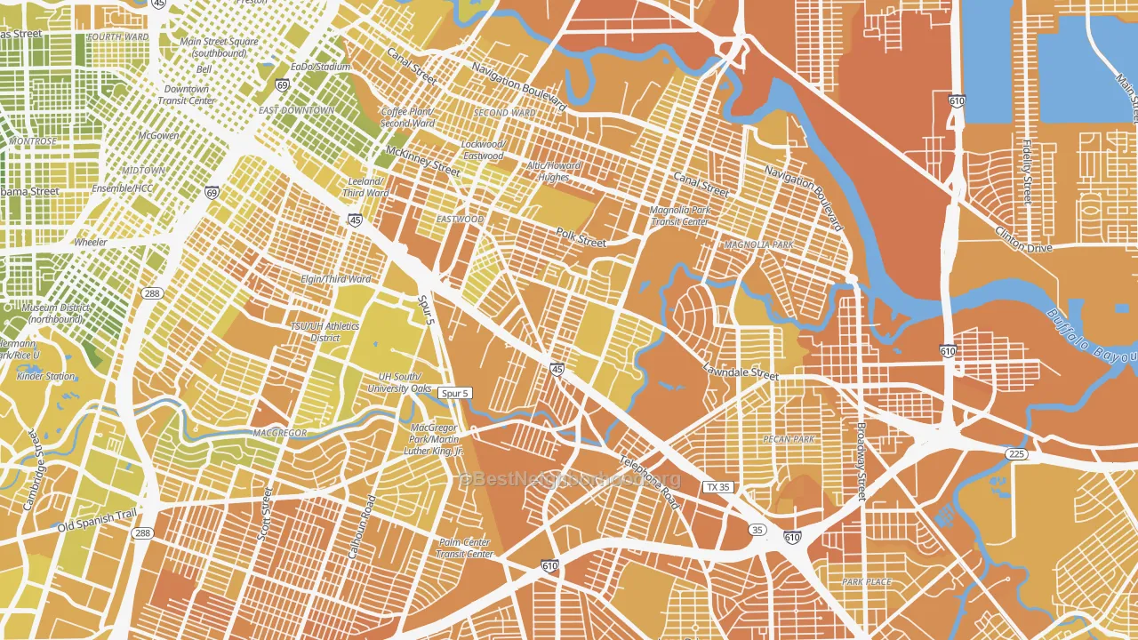 Map of the best neighborhoods in the 77023 area, with better matches in green and worse matches in red